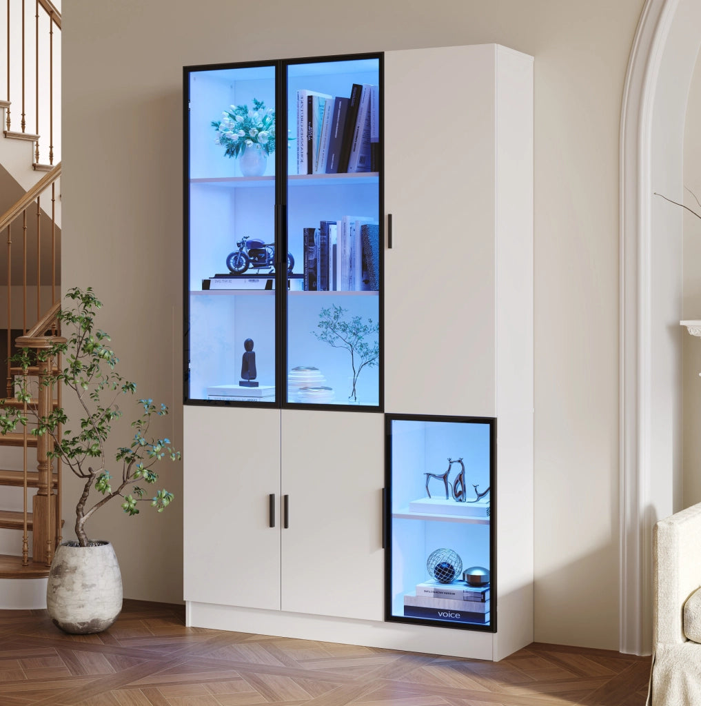 Vetrina 120x35x200 cm con LED USB; 3 ante in vetro e 10 vani; bianca