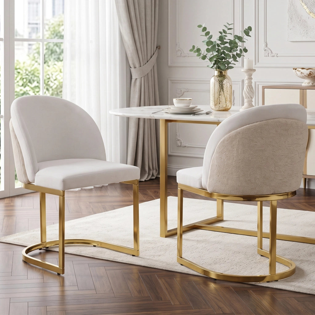 Set 6 sedie da pranzo in ciniglia beige con gambe metalliche dorate HOMVRA