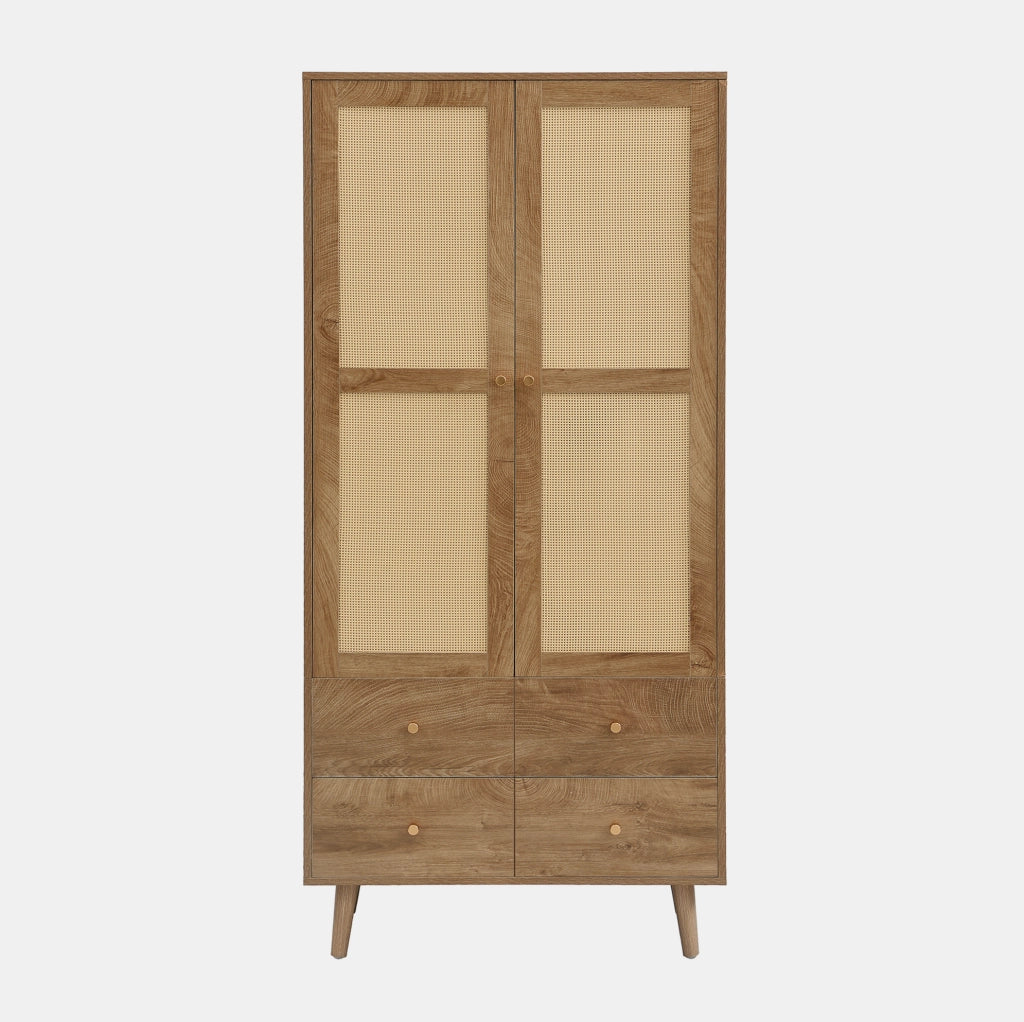 Armadio guardaroba in MDF con effetto legno scuro e ante in rattan, 80x50x180 cm, con appendiabiti, ripiani e 2 cassetti