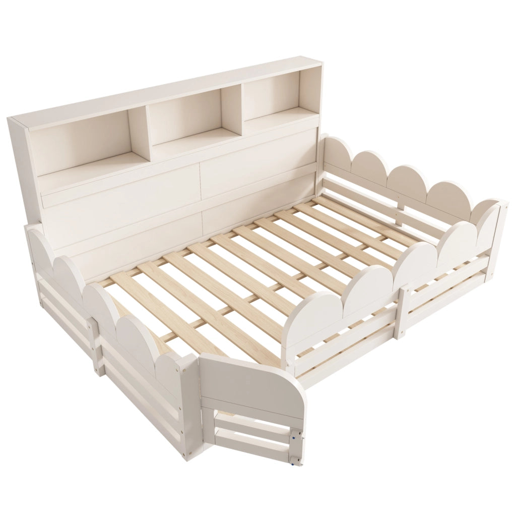 Letto a terra per bambini 140x190 cm bianco in legno con protezione antifuga, porta e scaffale integrato