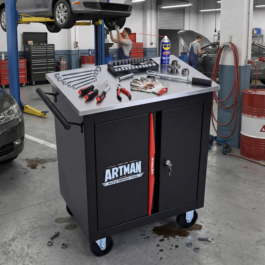Carrello portautensili due ante con serratura; 4 ruote e ripiano removibile in acciaio nero e rosso 62.5 × 34.5 × 78 cm