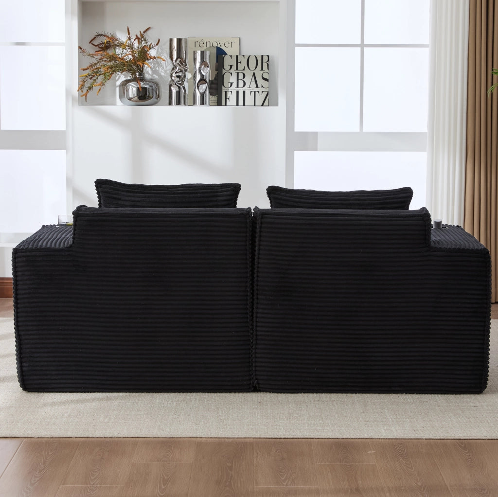 Divano a 2 posti modulare in corduroy con 2 pouf, portabicchieri e tasche laterali, imbottitura con molle e schiuma ad alta densità, 188x162x75 cm