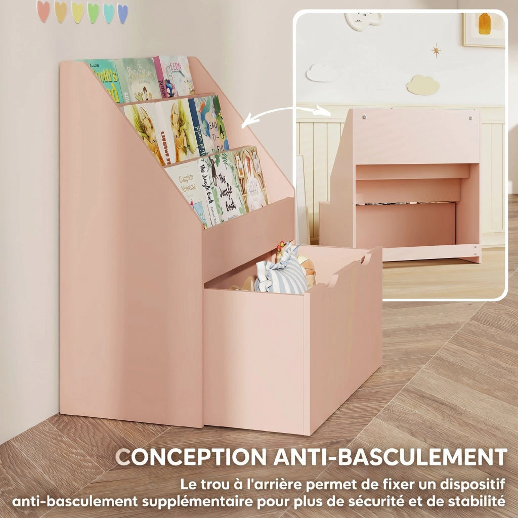 Libreria per Bambini Rosa Mobile Portaoggetti con 3 Ripiani e Cassetto Salvaspazio per Cameretta 62,5 x 30 x 70 cm