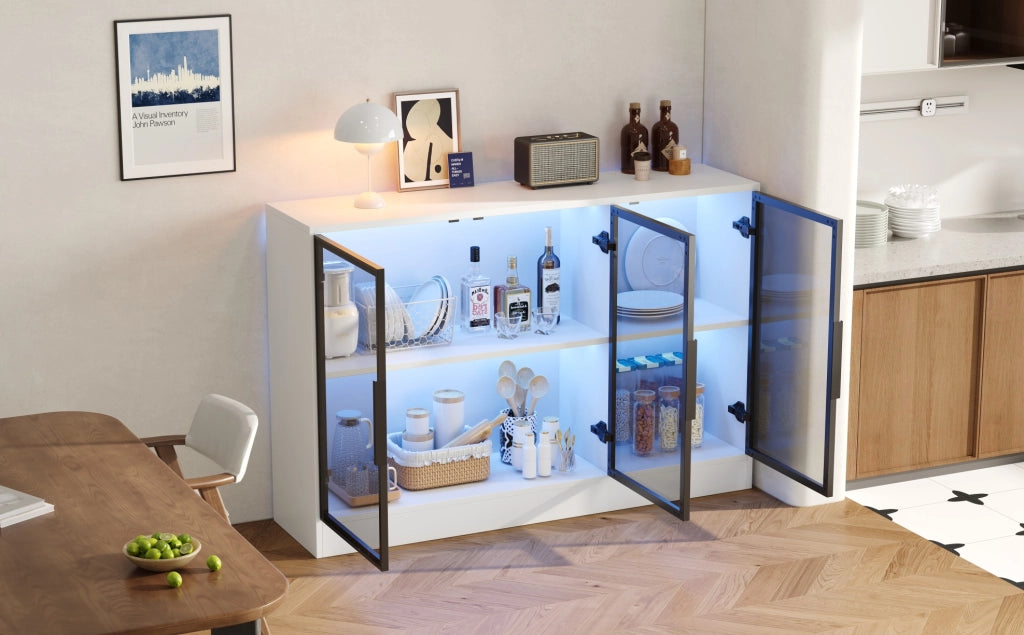 Vetrina ULEVR 120x30x73 cm bianca con vetro grigio, LED multicolore e ante con chiusura ammortizzata