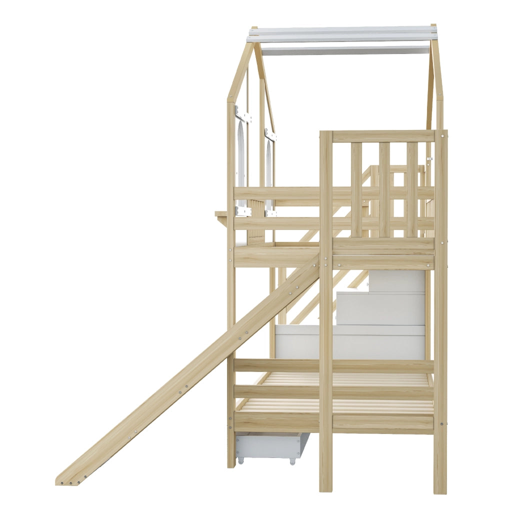 Letto a castello per bambini 90 × 200 cm 2 posti; con scivolo; scala contenitore e cassetti; senza materasso