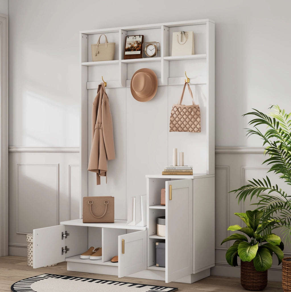 Set appendiabiti con panca e porta scarpe, panca multifunzionale con 3 ganci appesi e spazio aperto, bianco, 120x40x200 cm