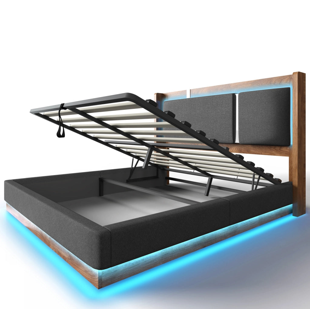 Letto Matrimoniale 140x200 con Contenitore, LED e Rete a Doghe, Tessuto Lino Grigio e Noce, Senza Materasso