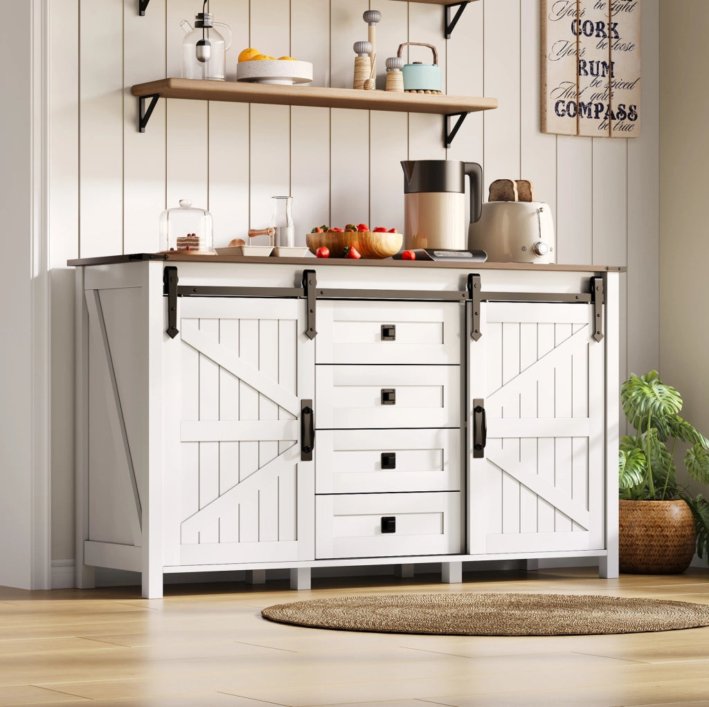 Credenza bianca 137 cm con ante scorrevoli e 4 cassetti
