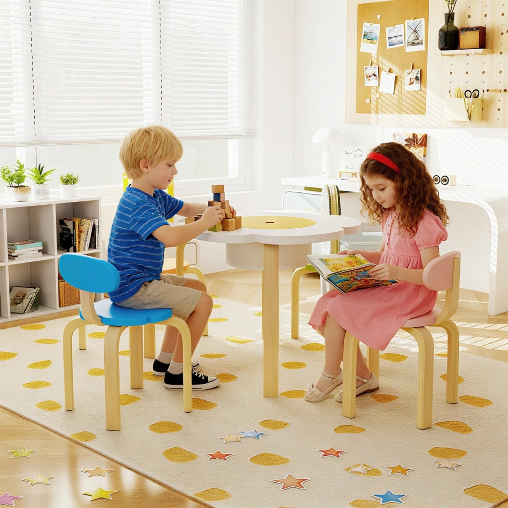 Set tavolo per bambini a forma di fiore in legno con 2 sedie e sgabelli, Tavolo attivit¨¤ per bambini per arte e mestier Colorati-Tavoli e sedie