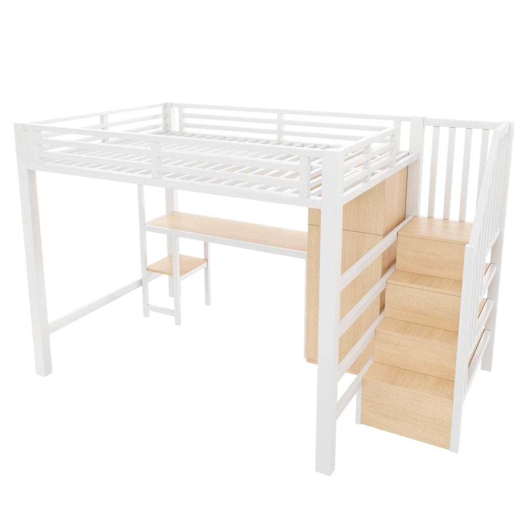 Letto a Soppalco 140x200 cm con Scrivania; Armadio; Mensola LED; Scala - Bianco