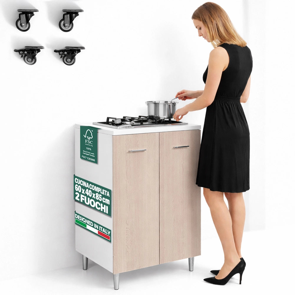 Cucina Completa 60x40x85cm Olmo Piano Cottura 2 Fuochi con Piastre in Ghisa