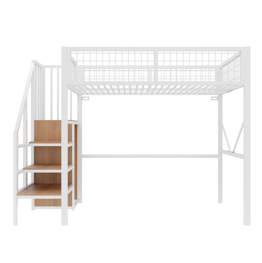 LETTO A Soppalco 140x200 cm Metallo e Legno Bianco con Scala Contenitore LED
