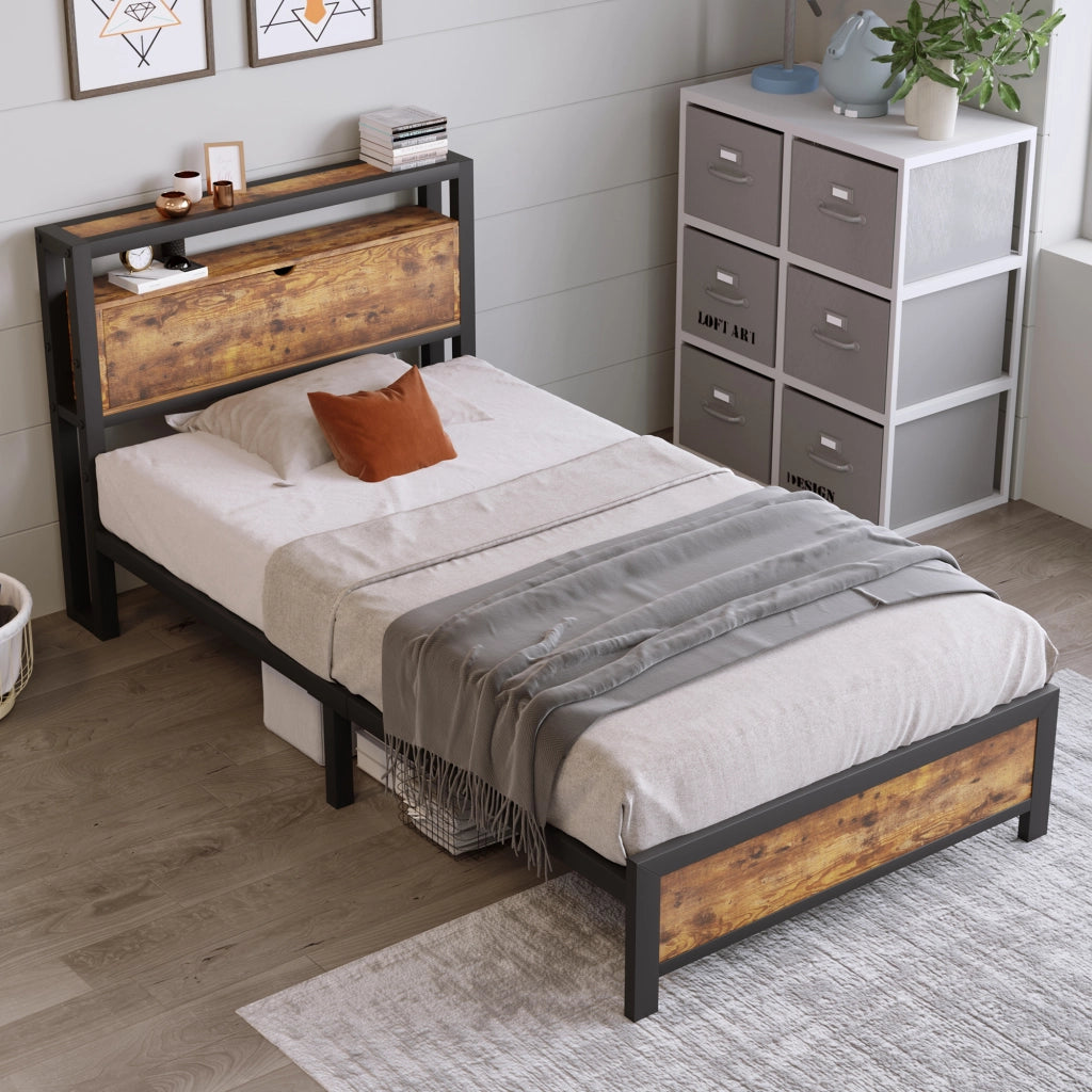 Letto singolo 90 × 200 cm con testiera contenitore e rete a doghe in metallo legno naturale industriale