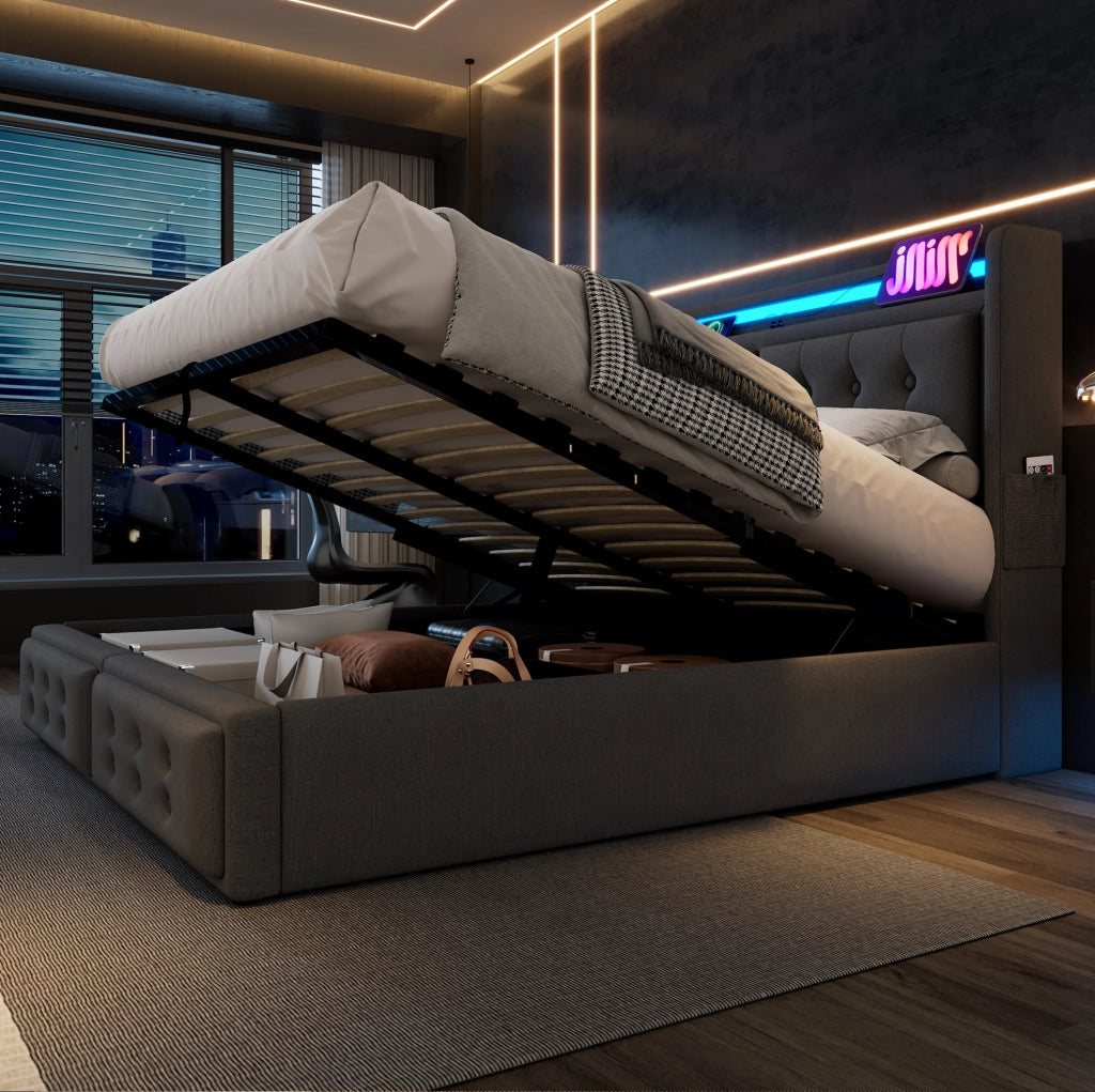 Letto matrimoniale 180x200 cm con contenitore; LED e ricarica USB-C; grigio