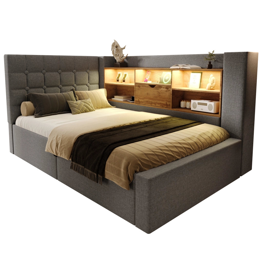 Letto Imbottito Singolo con LED e Contenitore Idraulico ¨C MINIMAL ¨C Testiera L, Tessuto Grigio, 90x200