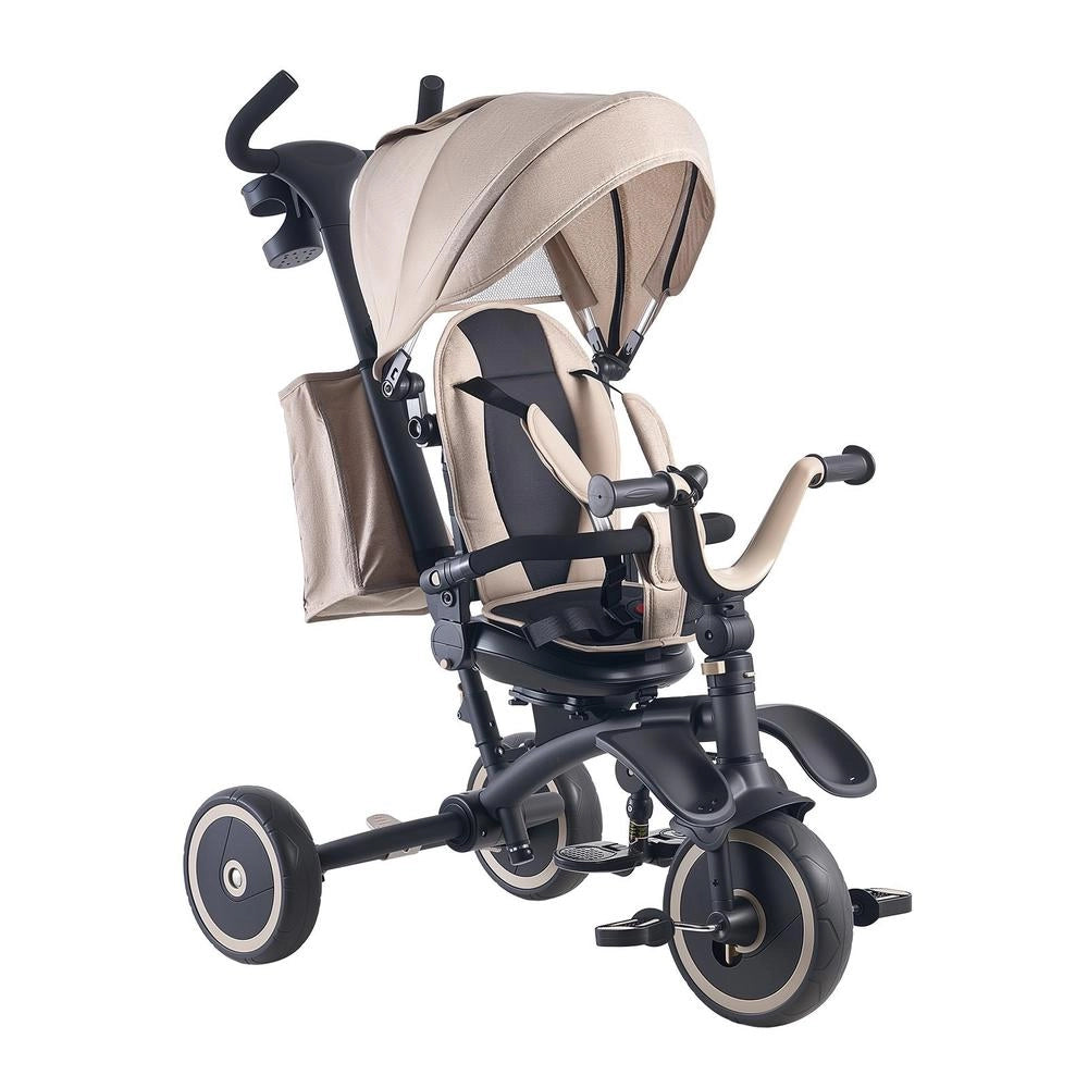 Triciclo Convertibile Bambini Pieghevole 18 Mesi-5 Anni Maniglia Regolabile Sedia Girevole Tenda Rimovibile Borsa Kaki Nero