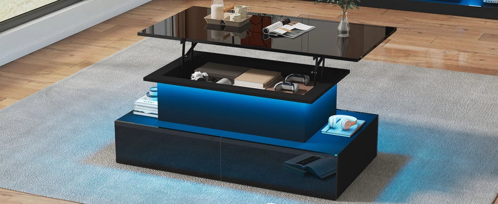 Tavolino da caffè con luci led nero lucido 4 cassetti 90x55x41 cm