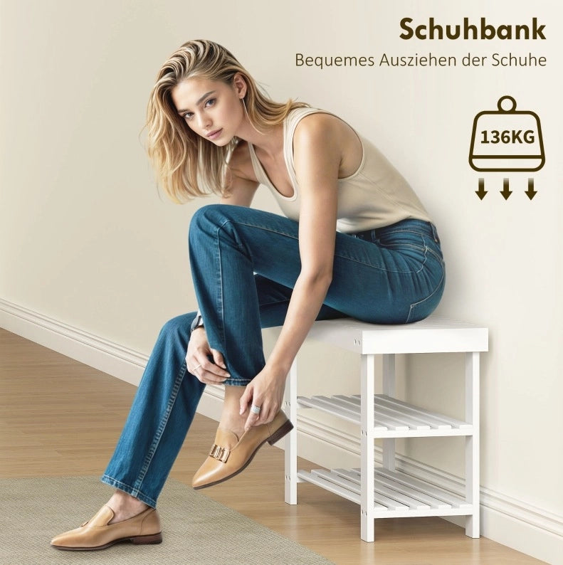 Panca Porta Scarpe in Bambù con 2 Ripiani, 70x28x45 cm, Bianco