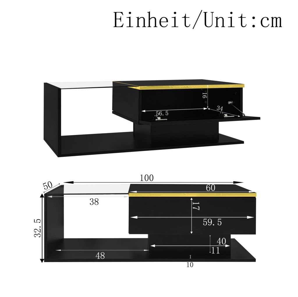 Tavolino da caffè 100x50 cm in truciolare nero lucido con piano in vetro e LED