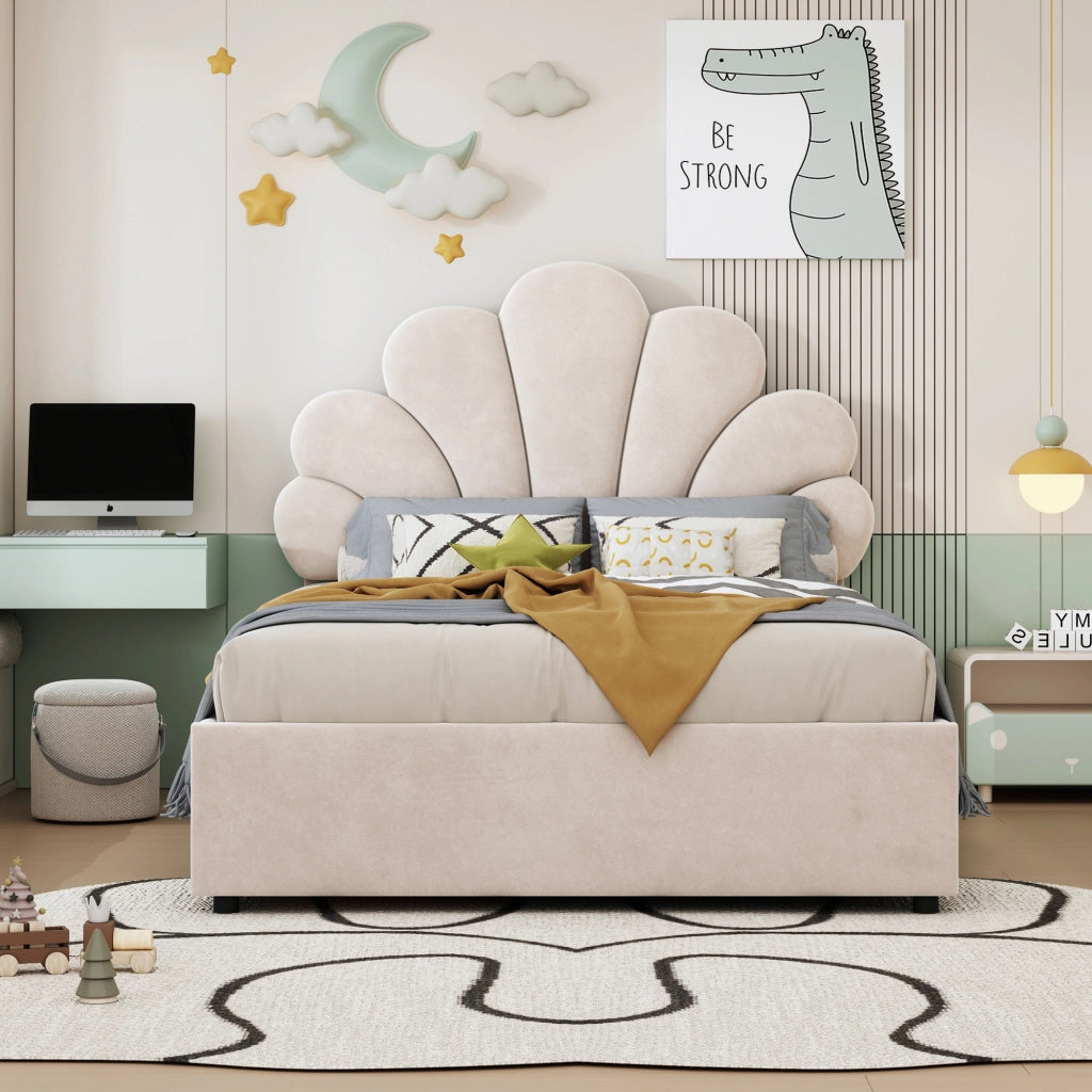 Letto singolo con contenitore 90 × 200 cm imbottito in velluto beige con testiera floreale e rete a doghe