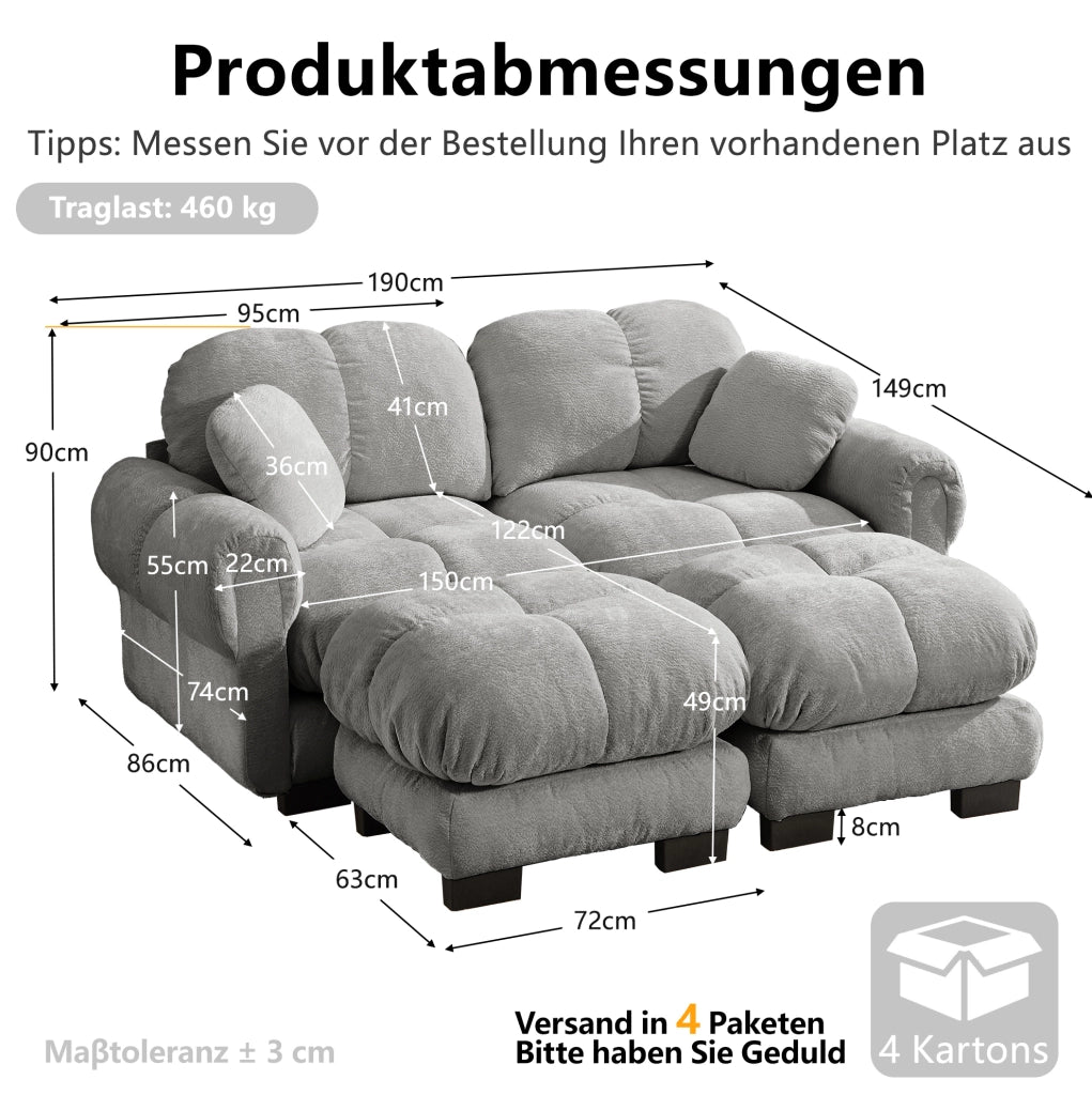 Divano modulare ULEVR 190x149 cm in ciniglia grigio chiaro, cuscini trapuntati e moduli con connessioni a perni