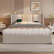 Letto matrimoniale contenitore 180x200 cm in lino beige con luce da lettura USB HOMVRA