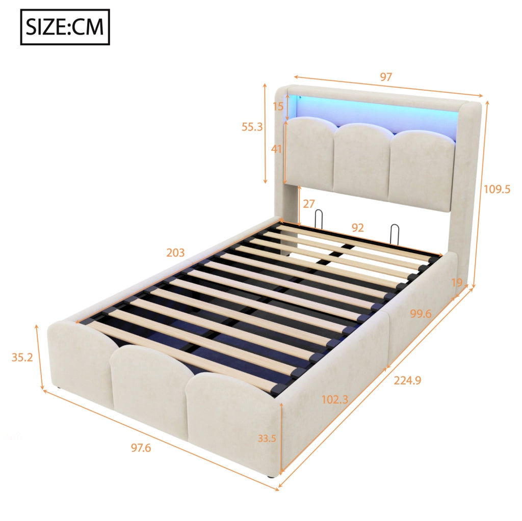 Letto imbottito 90x200 cm in velluto beige con contenitore; LED; USB e Type-C