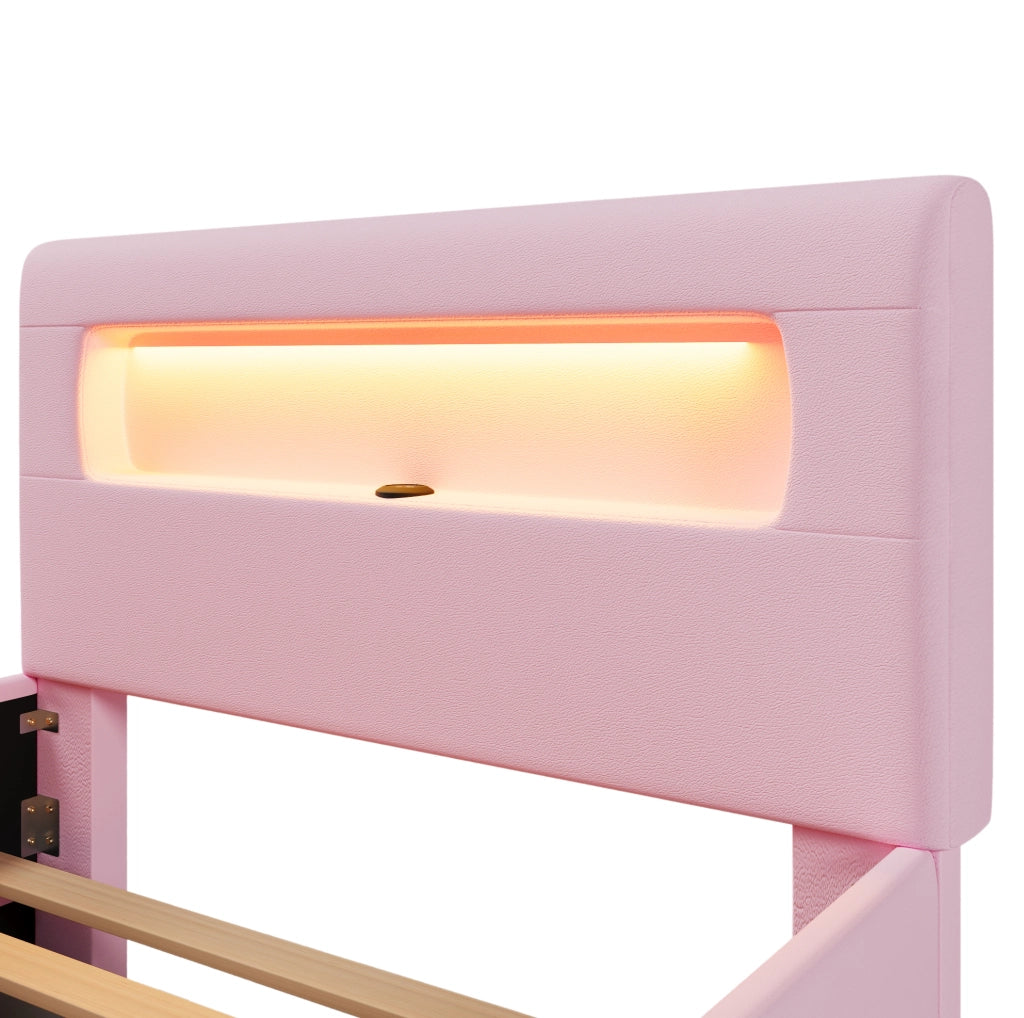 Letto piattaforma imbottito rosa 90x200 cm con scale, cassetti, luci LED e tasche portaoggetti
