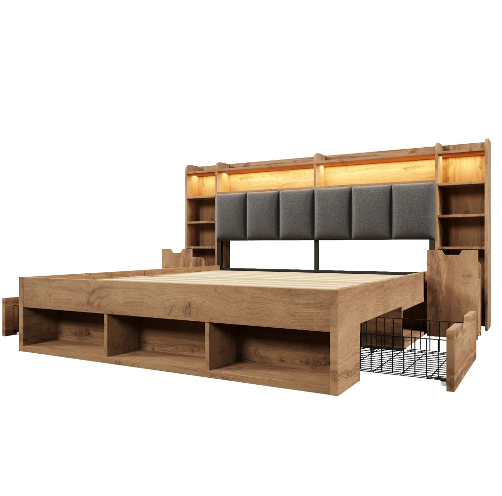 Letto matrimoniale 180x200 cm con LED; porte USB e cassetti effetto rovere HOMVRA