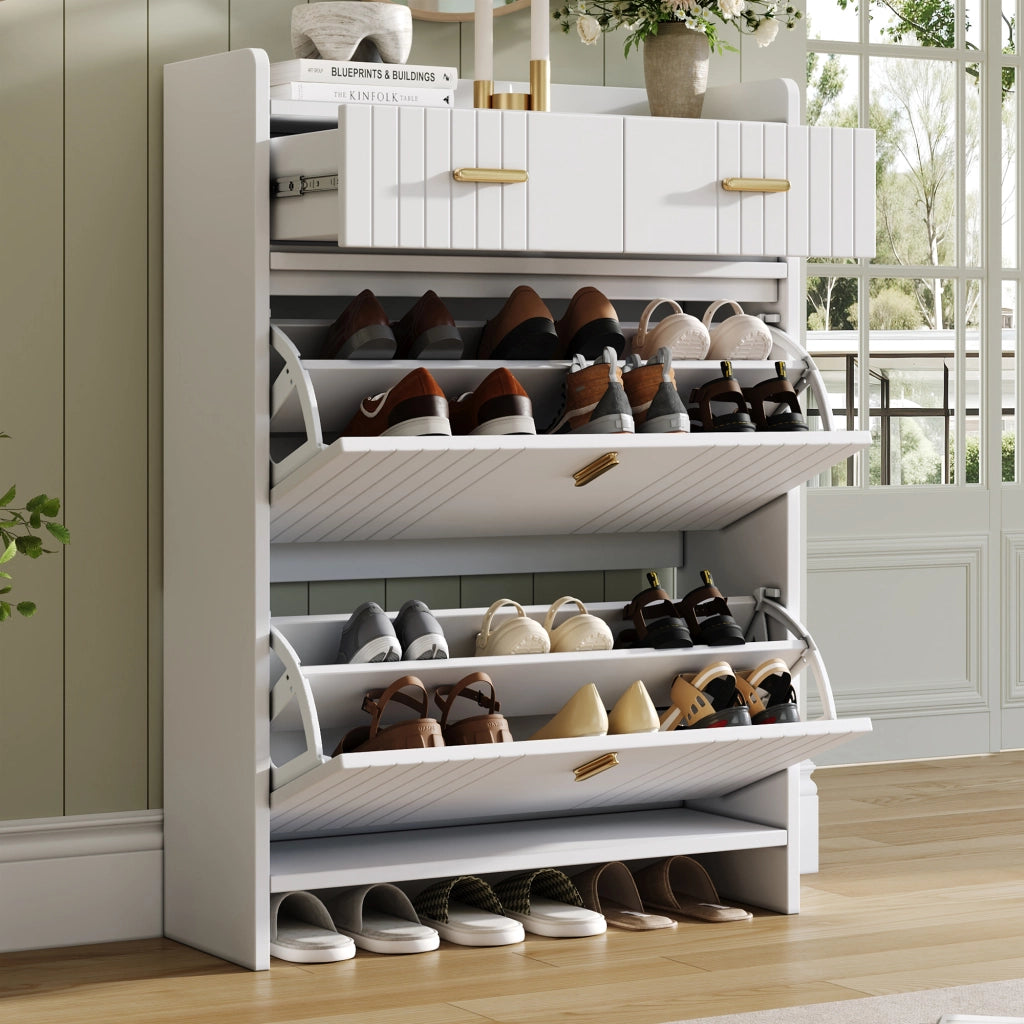 Scarpiera con 2 vani a ribalta e cassetto superiore per ingresso bianca 75 × 24 × 108.5 cm