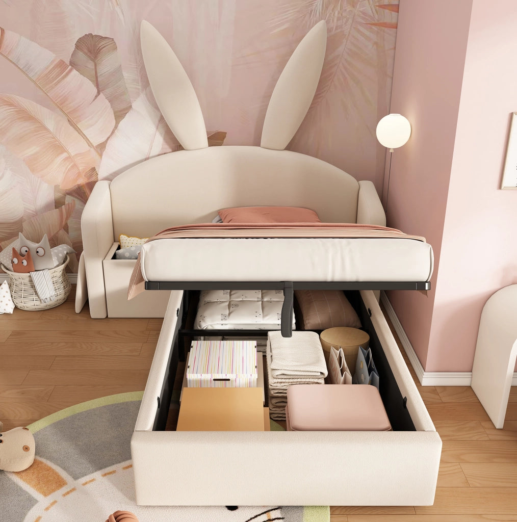 Letto per bambini 90x190 cm con contenitore idraulico e comodino in velluto; beige