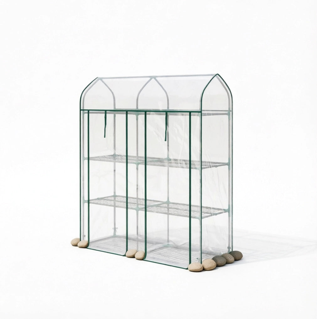 Serra da balcone 3 livelli 143x46x165 cm in acciaio e PVC trasparente, 2 porte –