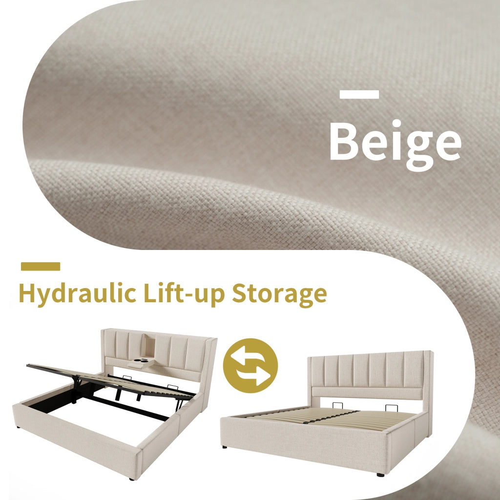 Letto matrimoniale 140 × 200 cm con contenitore idraulico; 3 USB; Type-C e portabicchieri; materasso incluso; beige