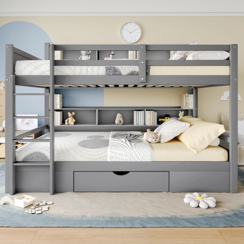 Letto a castello 90x200 cm (90x200 cm) per bambini con cassetti, vani contenitore, senza materasso - Grigio