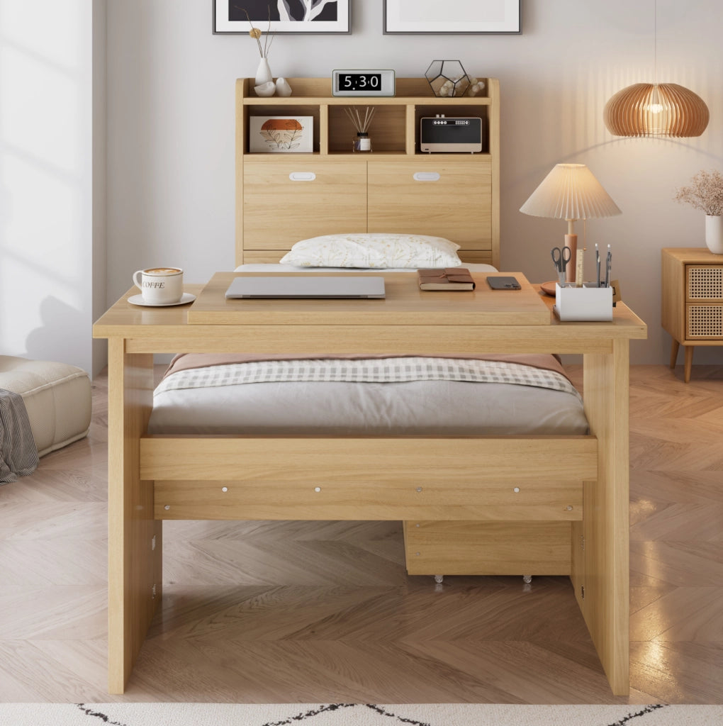 Letto singolo ULEVR 90x200 cm con cassetto, ripiano testiera e tavolo pieghevole regolabile, rovere naturale