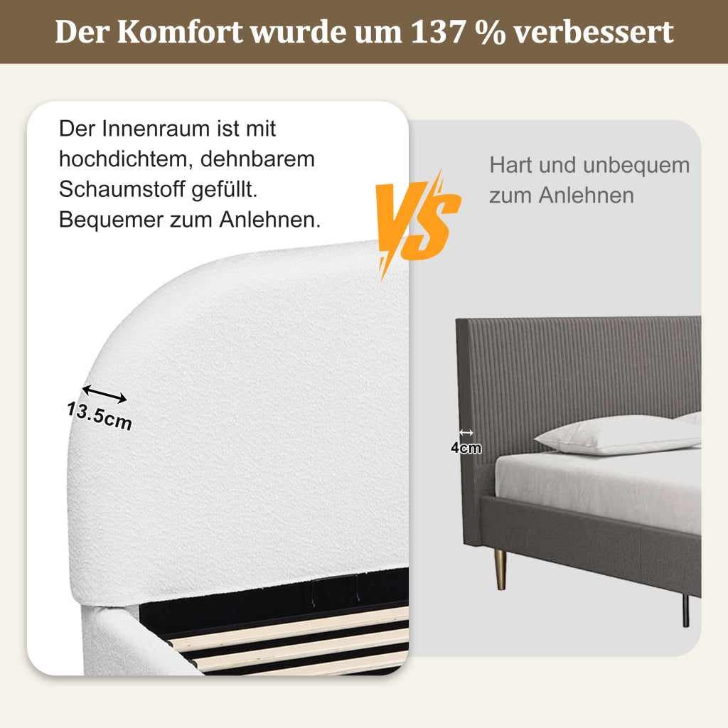 Letto imbottito con rete a doghe testiera imbottita in boucl¨¦ beige struttura con angoli arrotondati
