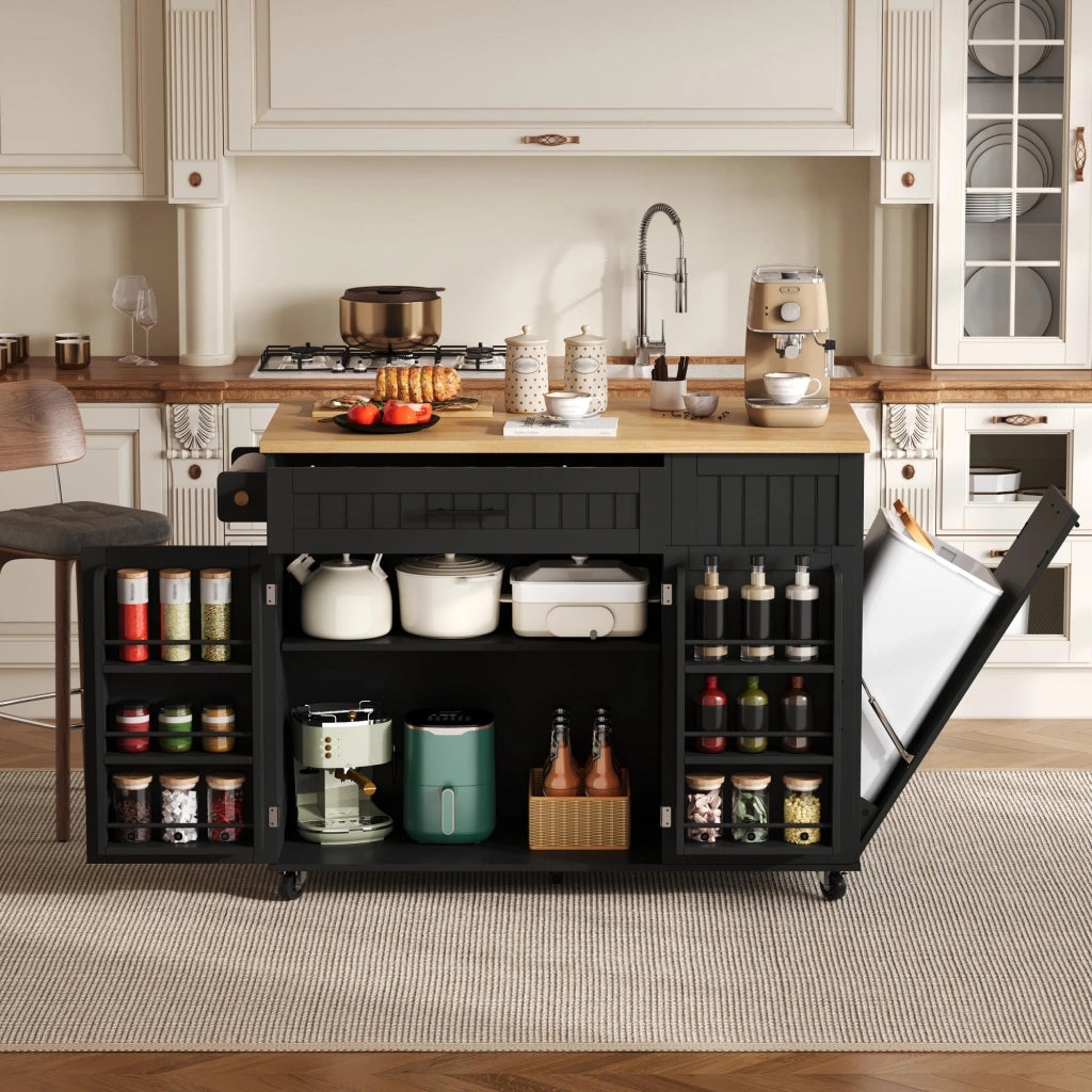 Mobile base da cucina con piano pieghevole; vano pattumiera; cassetto e ruote bloccabili nero 130 × 70 × 93 cm