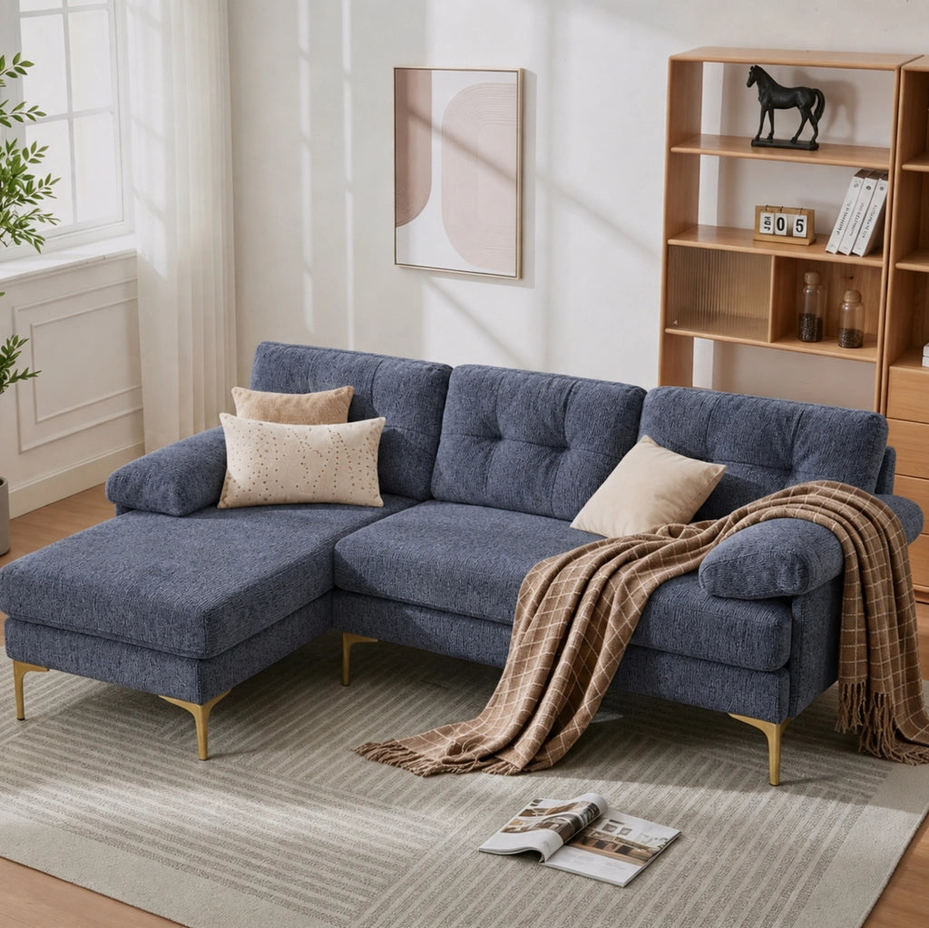 Divano ad angolo a 3 posti 187,5 cm in tessuto Chenille blu con braccioli imbottiti e piedini in metallo