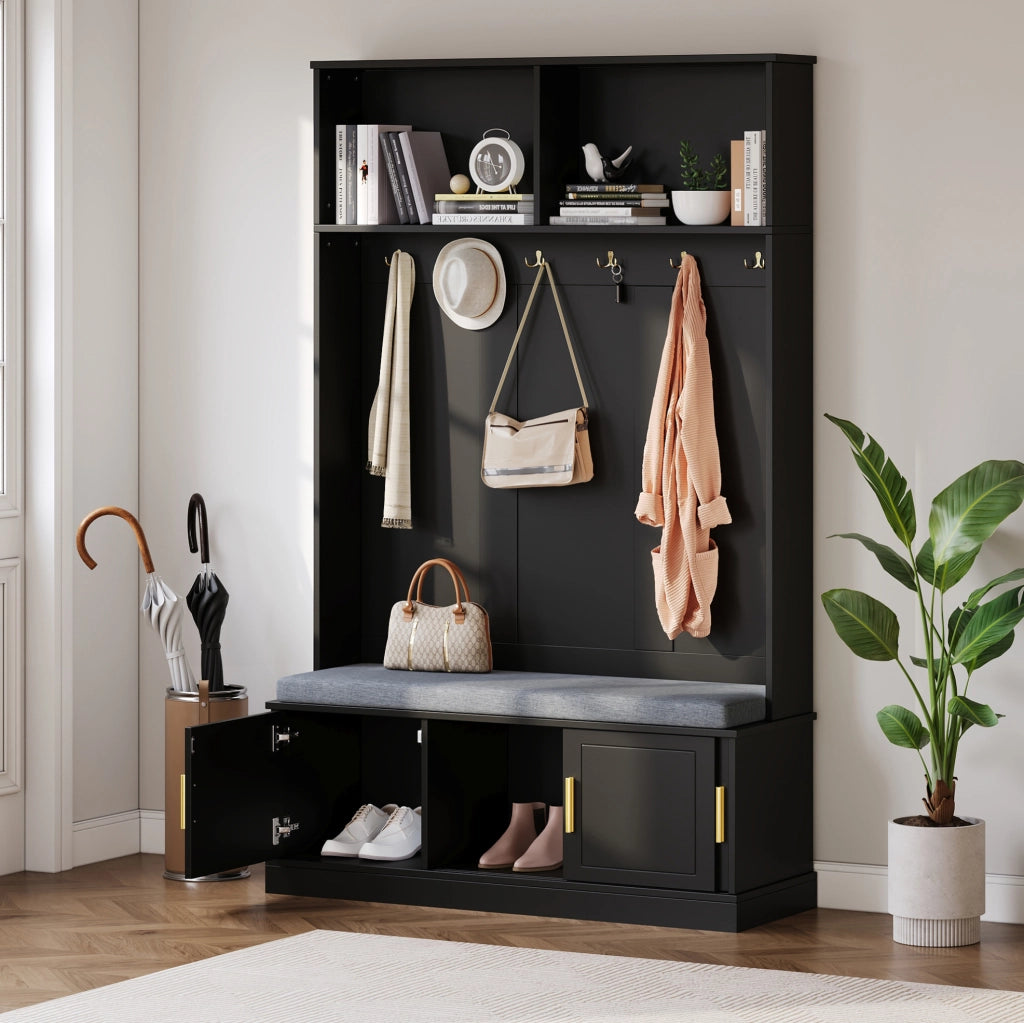 Appendiabiti con panca e scarpiera 120x40x191 cm; 6 ganci; truciolare nero