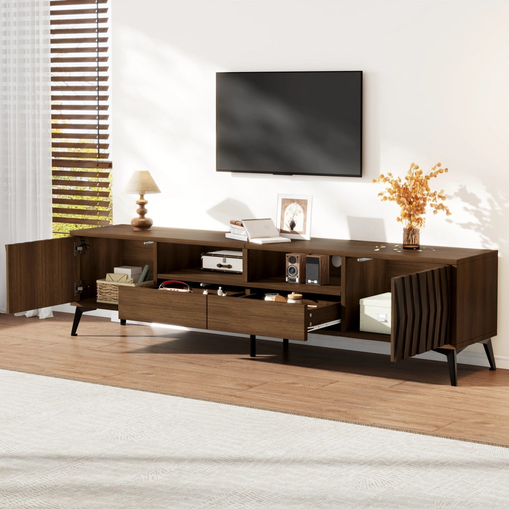 Mobile TV con 2 ante 2 cassetti e vani aperti finitura noce con passacavi per TV fino a 75 pollici 180 × 35 × 45 cm