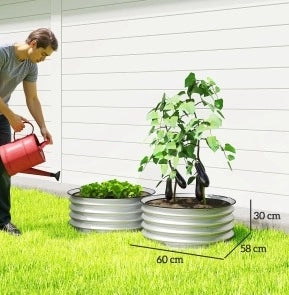 Set 2 Cassette da Giardino in Metallo con Fondo Aperto per Erbe e Verdure Ø60x30 cm Argento