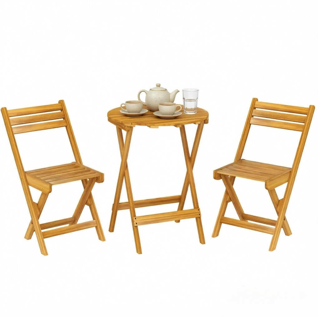 Set mobili da giardino in legno di acacia con tavolo pieghevole Ø 60 cm e 2 sedie