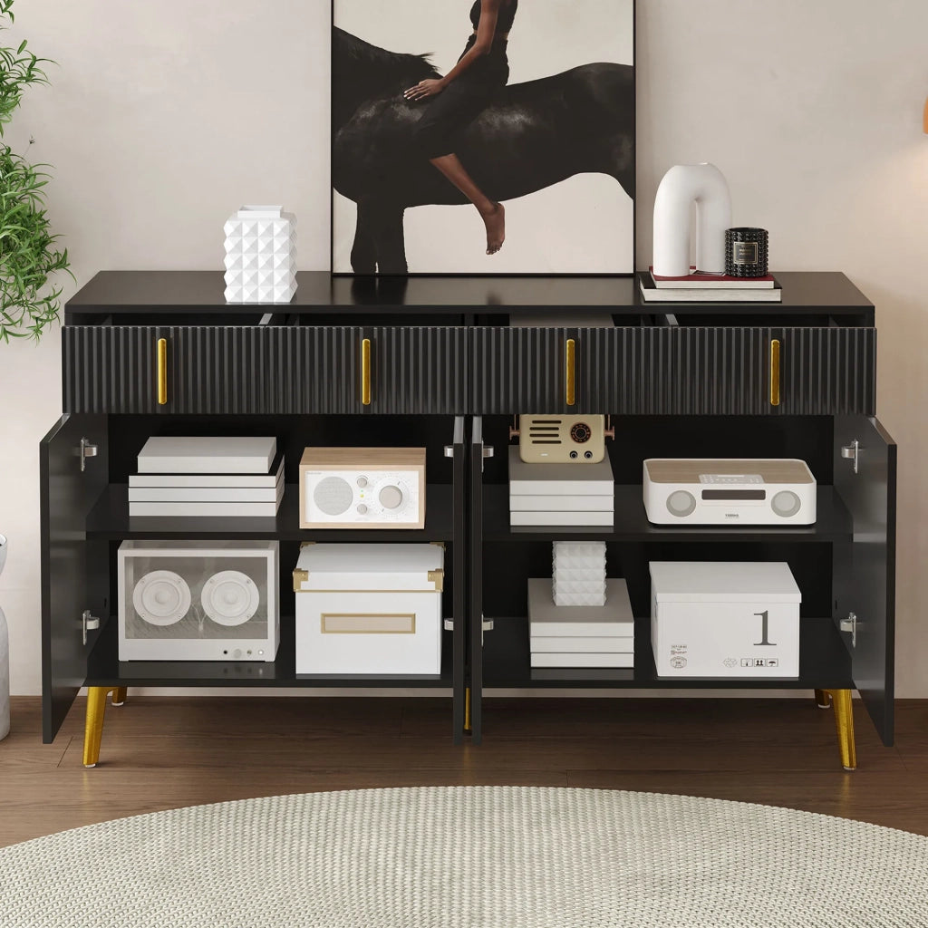 Sideboard 140x38x82 cm, 4 ante, 4 cassetti, gambe e maniglie oro, ripiano in laminato rimovibile, per soggiorno e sala da pranzo