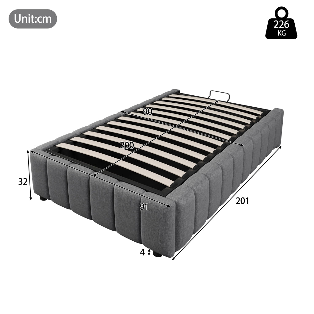 Letto contenitore singolo 90 × 200 cm con sollevamento idraulico; senza materasso; in lino e MDF; grigio