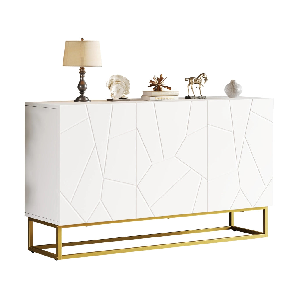 Credenza e madia con 3 ante e ripiani regolabili, frontali lucidi per soggiorno, bianco e oro, 130 × 38 × 76 cm