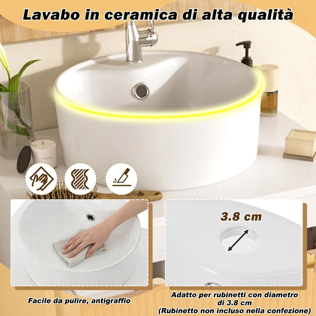 Mobile bagno 60 cm sospeso con lavabo rotondo in ceramica; 2 cassetti; MDF; effetto legno naturale
