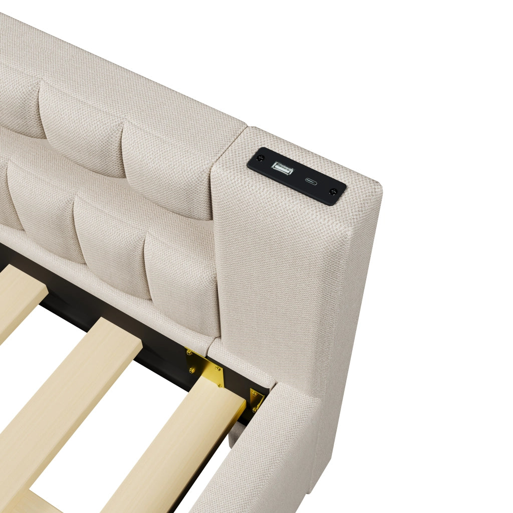 Letto divano estraibile 140 × 200 cm e 90 × 190 cm con LED; USB e porta tipo C; senza materasso; lino beige