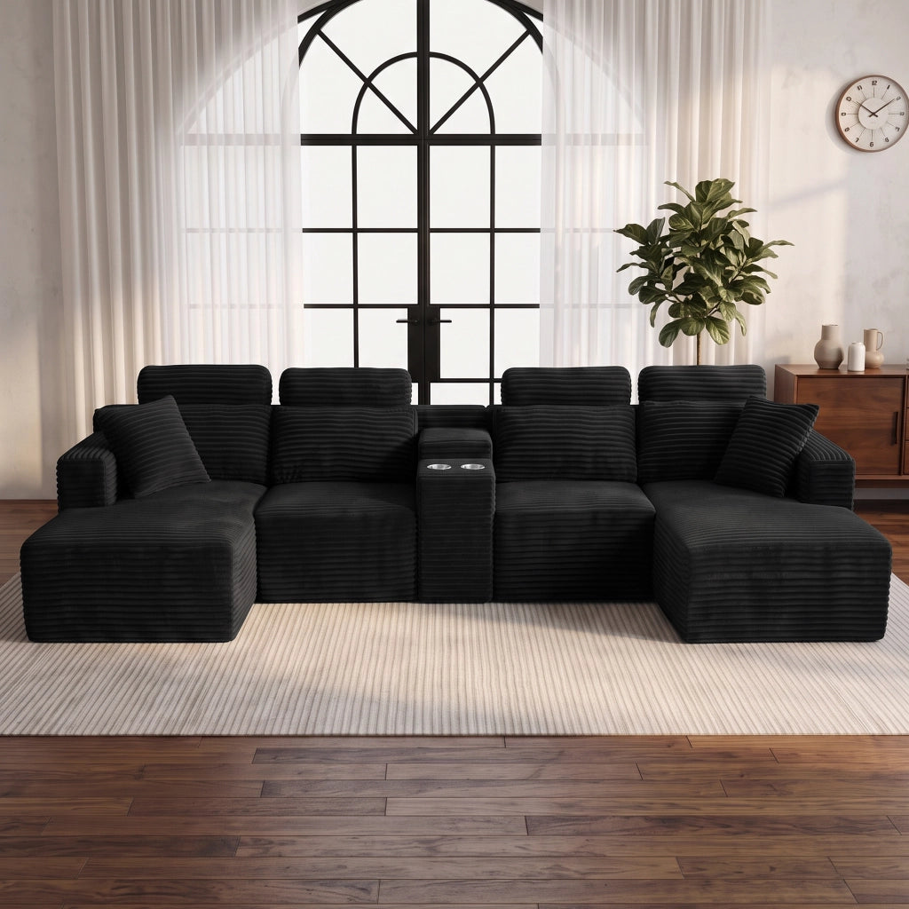 Divano Angolare Modulare a U 372 cm Cloud Sofa con Portabicchieri Integrati; Nero