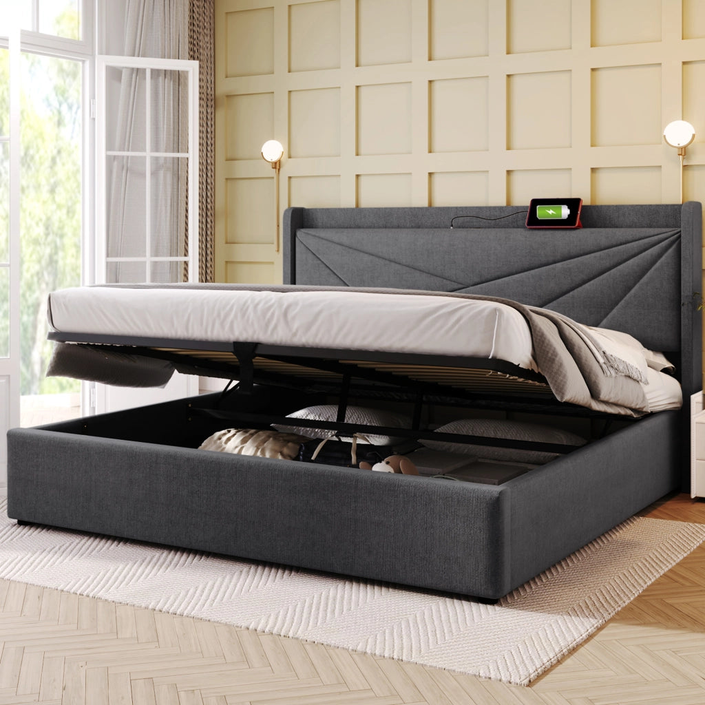Letto matrimoniale 140x200 con contenitore grigio e prese USB