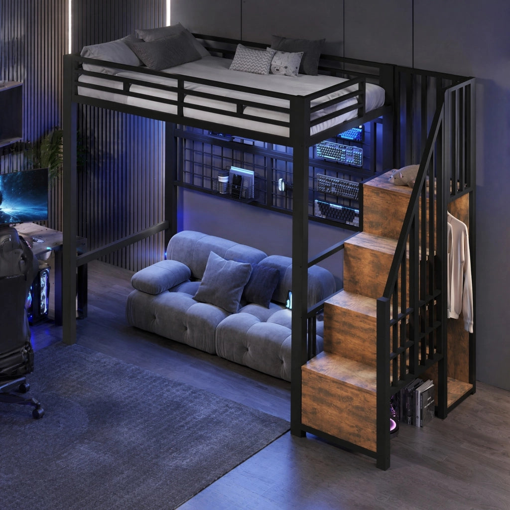 Letto a soppalco 90x200 cm in metallo con scala-armadio, griglia e LED 7 colori